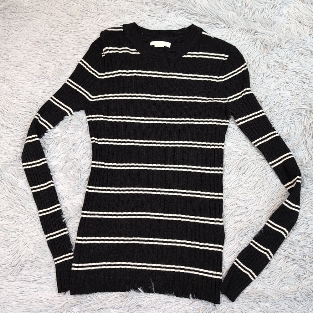 H&M Sweater Womens S Black Crew Neck Ribbed Knit Long Sleeve Striped Comfort